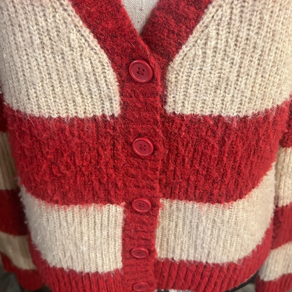 American Eagle Outfitters Red and Cream Striped Cardigan Sweater - Picture 2 of 8